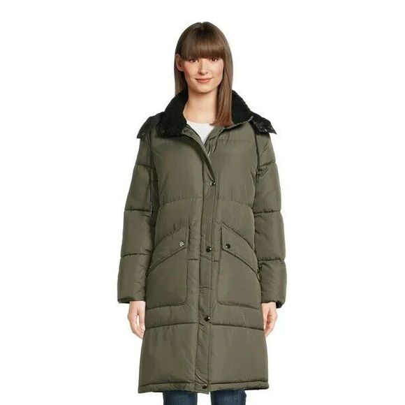Womens Big Chill Long Puffer Coat W/Removable Hood Faux Fur Trim Medium Green - Picture 1 of 13